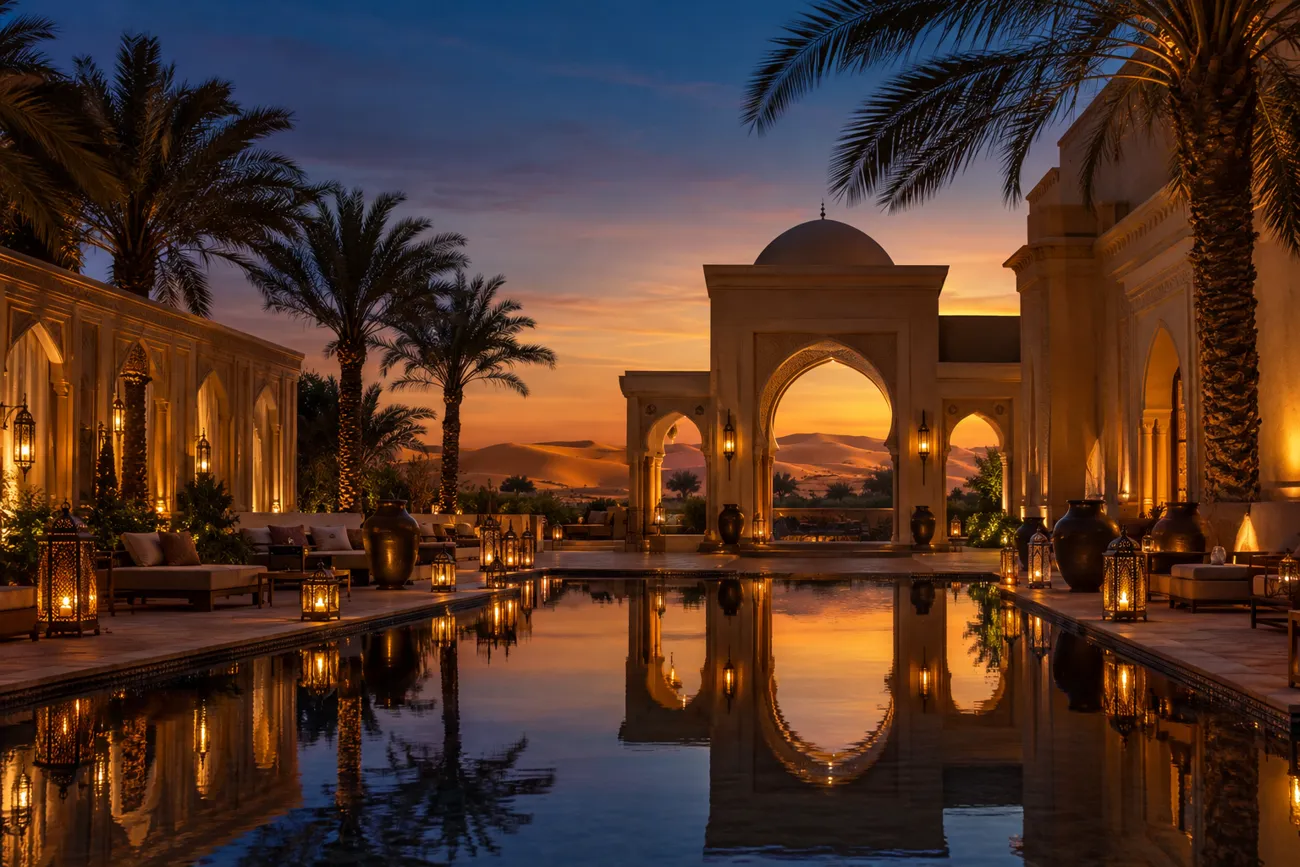 A lantern-lit palace courtyard with a reflecting pool at dusk