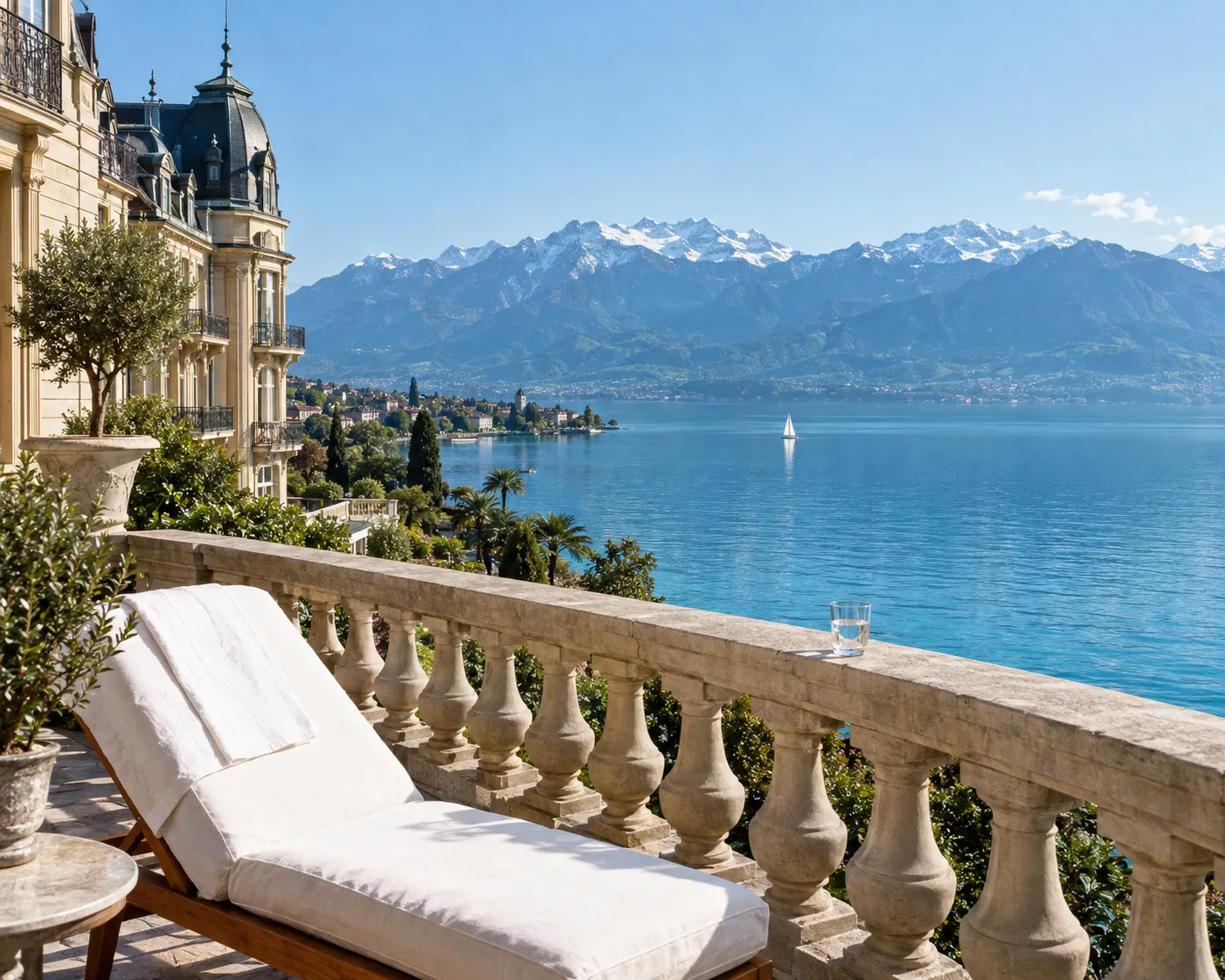 A lakeside terrace above clear blue Lake Geneva with the Alps beyond