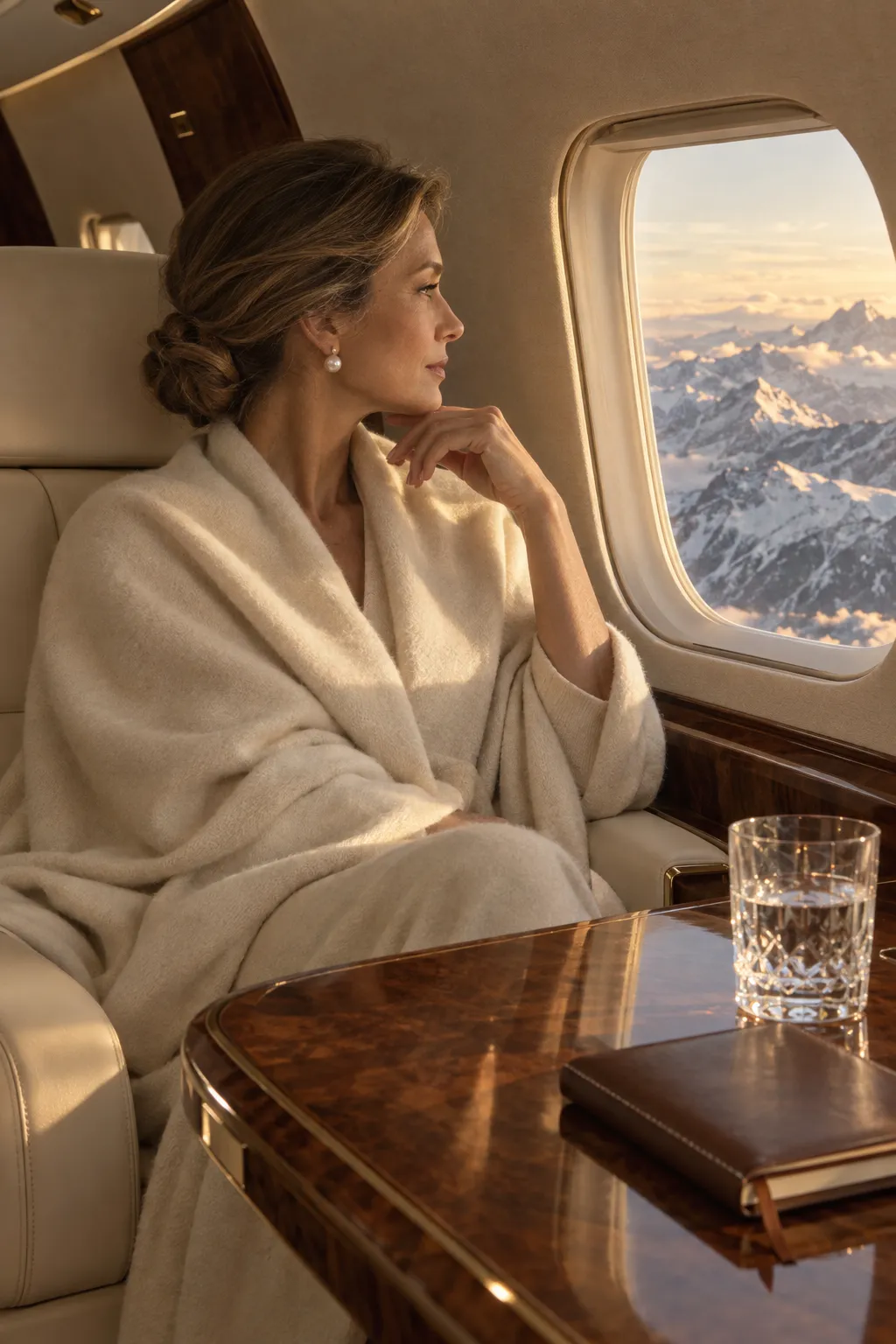 A woman in an ivory cashmere wrap in a private jet cabin, looking out at the Alps