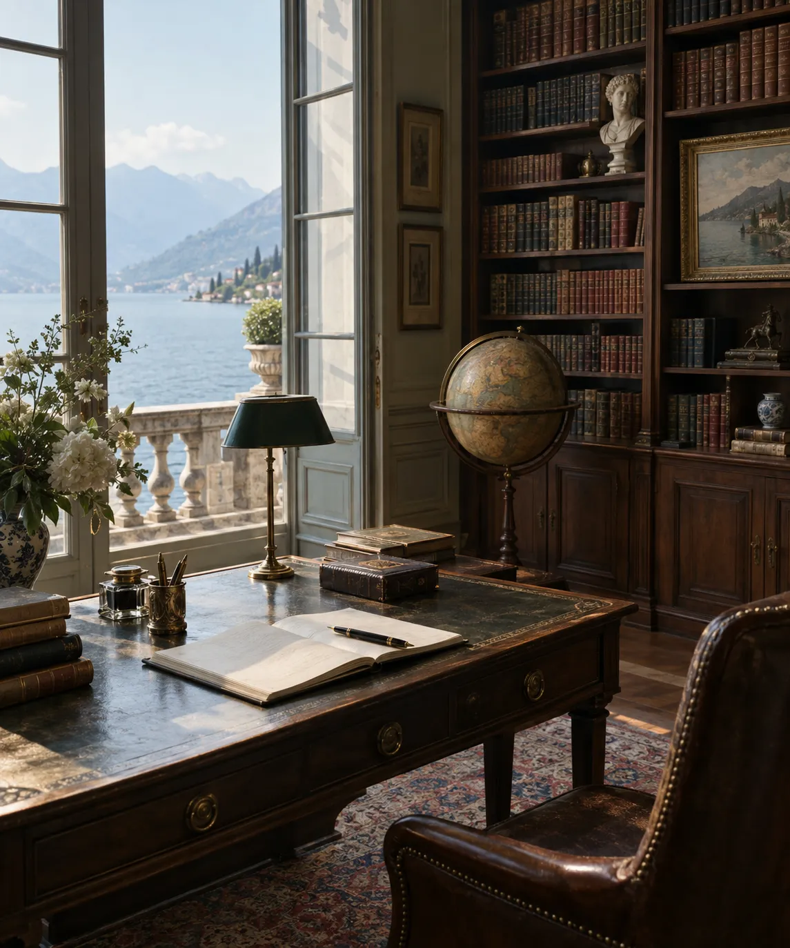 A villa library with a writing desk and a window onto the lake