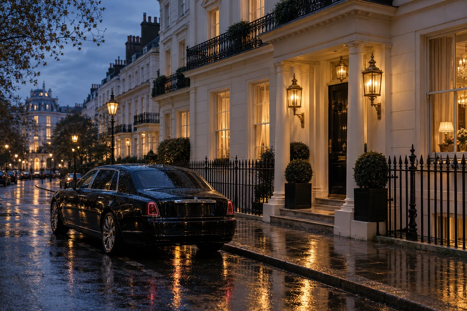 A white stucco Belgravia terrace at blue hour with a chauffeured car waiting