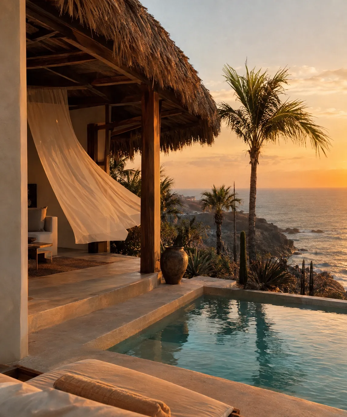 An open-air villa with a plunge pool above the Pacific at sunset