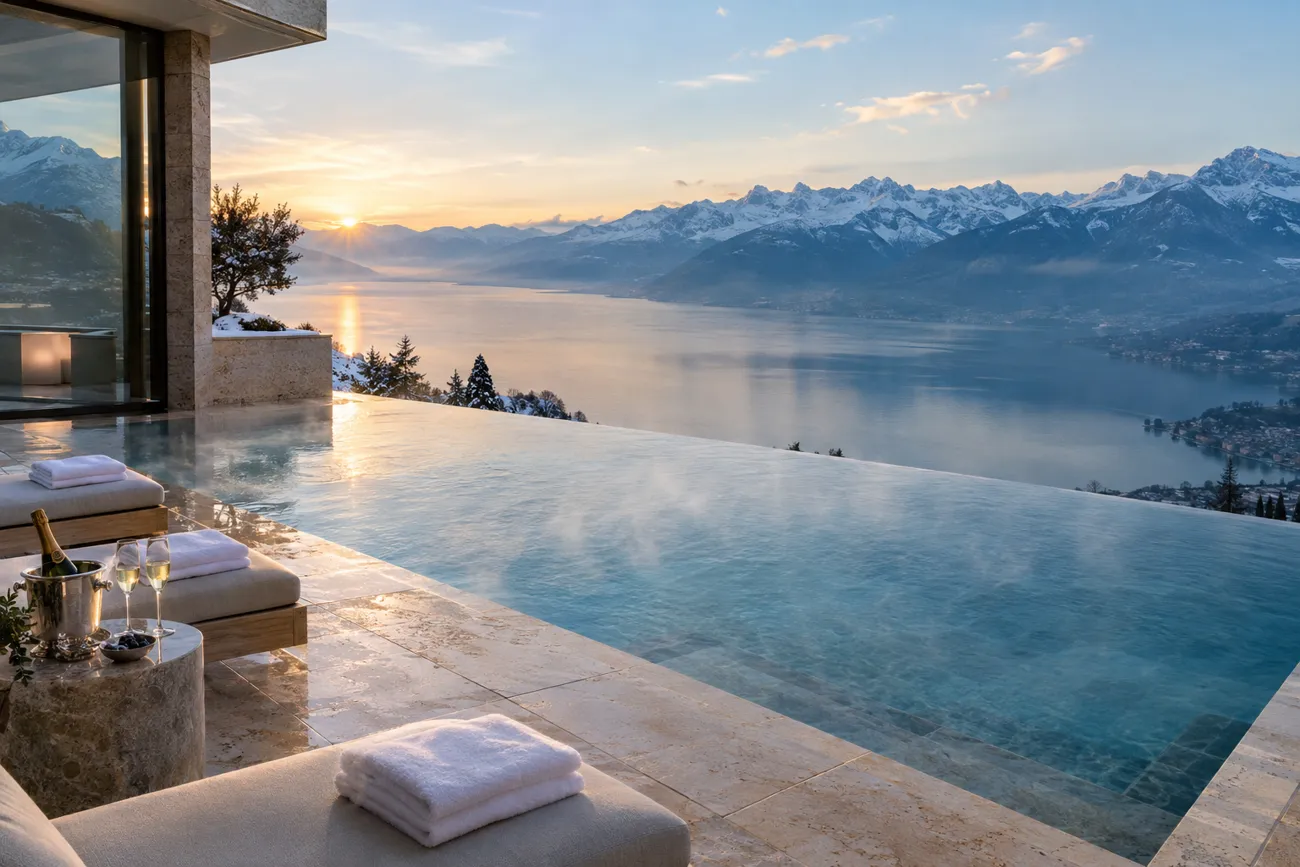 An infinity pool at dawn above an alpine lake