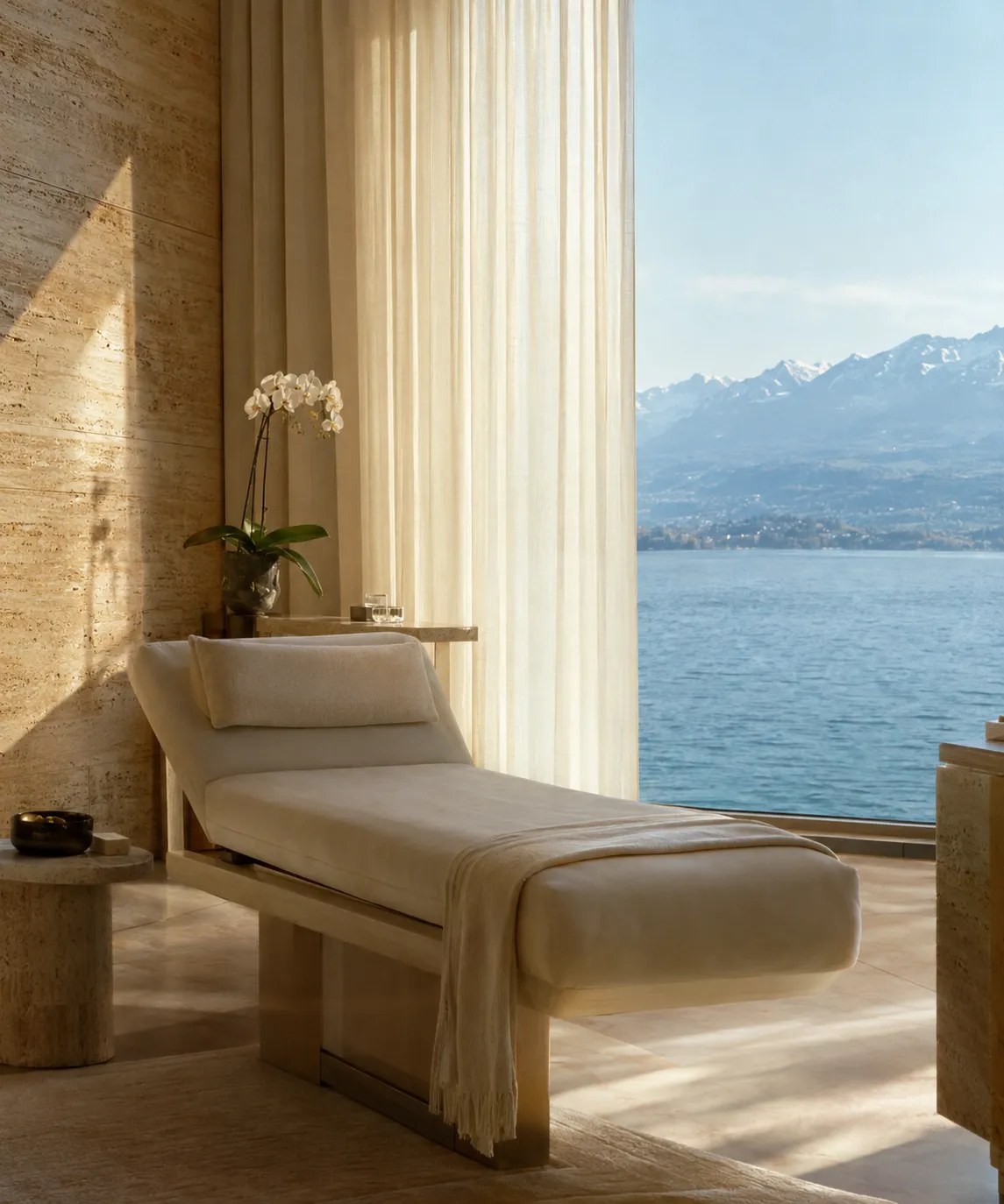 A private treatment suite with a cream chaise beside a window onto Lake Geneva